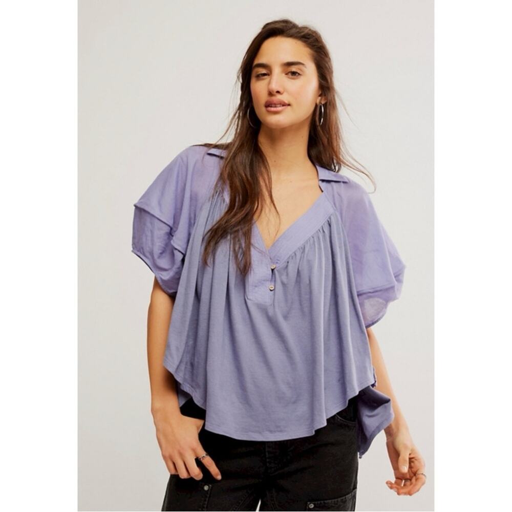 Free People Bohemian Billowy Oversized Sunray Babydoll Top Blue Granite Large - Picture 4 of 14